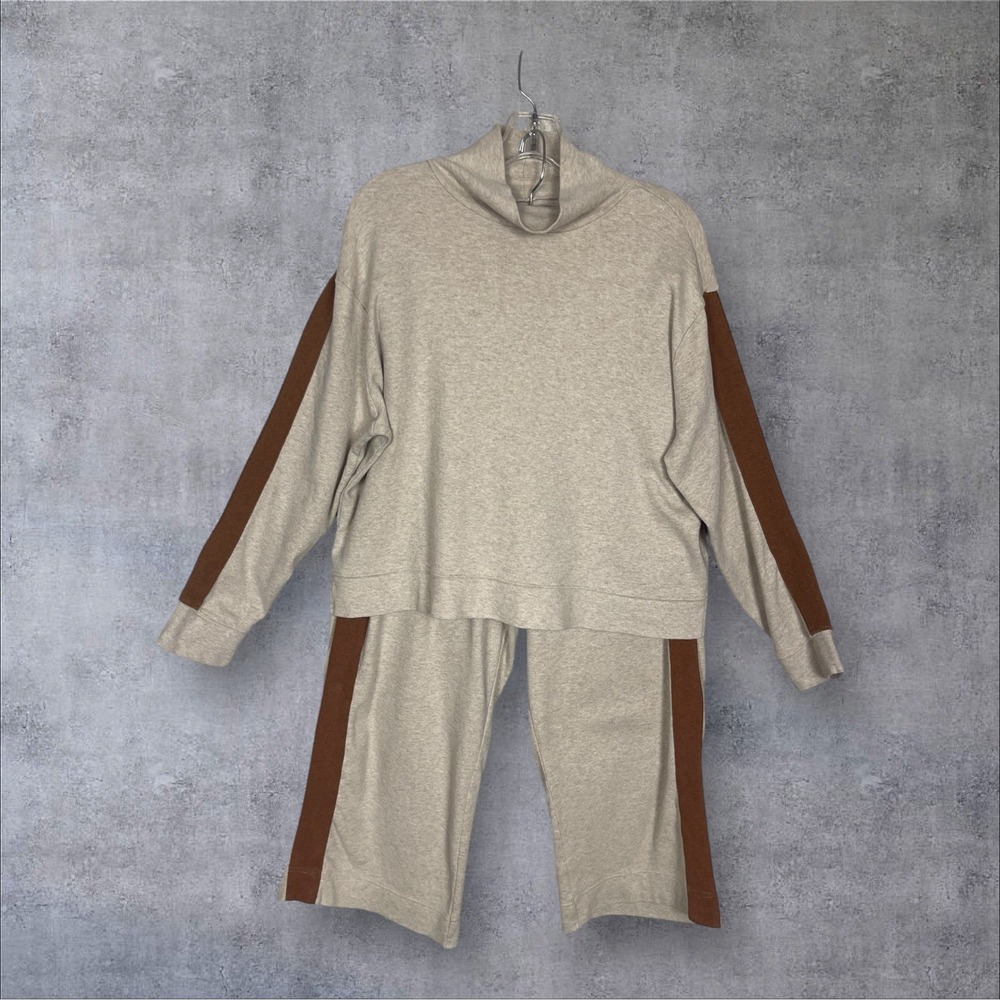 Pact Organic Cotton 2 Piece Lounge Set Womens L Oatmeal Beige Cowl Neck Wide Leg - Picture 3 of 9